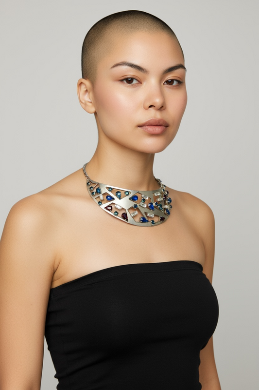 1970s Geometric Openwork Jewel Toned Crystal Collar