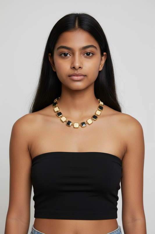 Y2K Anne Klein Black & Cream Enamel Link Necklace – Gold-Tone Statement Collar