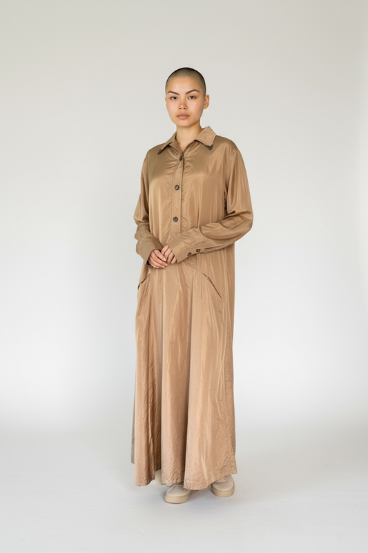 2000 Bottega Veneta Bronze-Taupe Satin Shirt Dress – Made in Italy