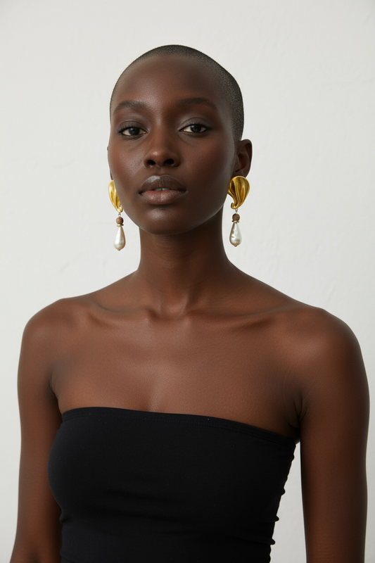 1970s “Craft” Gold Sculptural Earrings with Teardrop Pearl Drops – Statement Runway Style