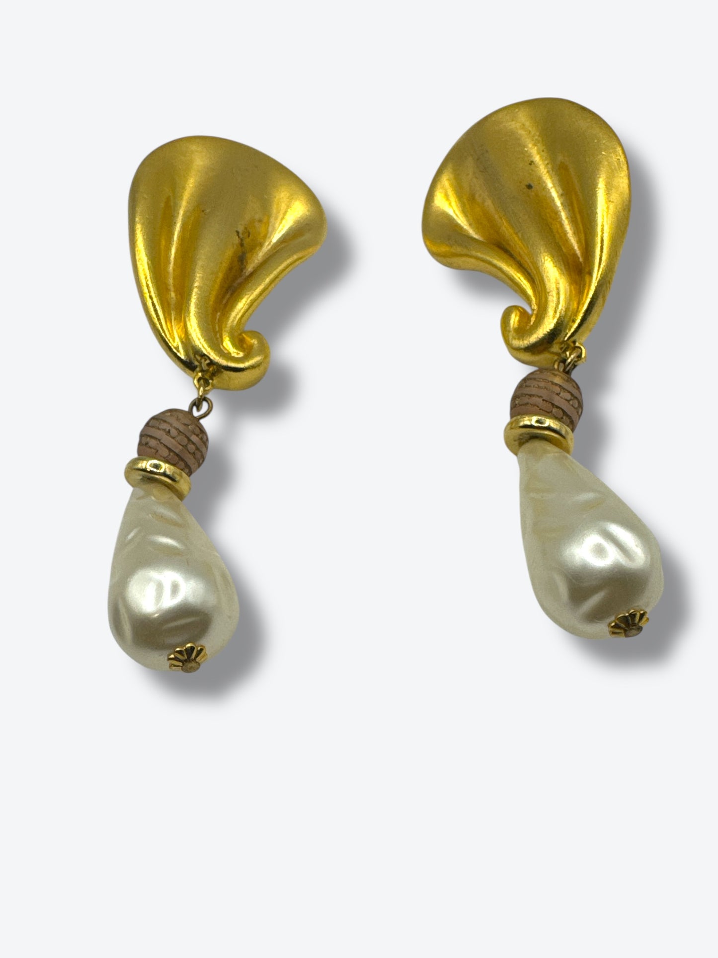 1970s “Craft” Gold Sculptural Earrings with Teardrop Pearl Drops – Statement Runway Style