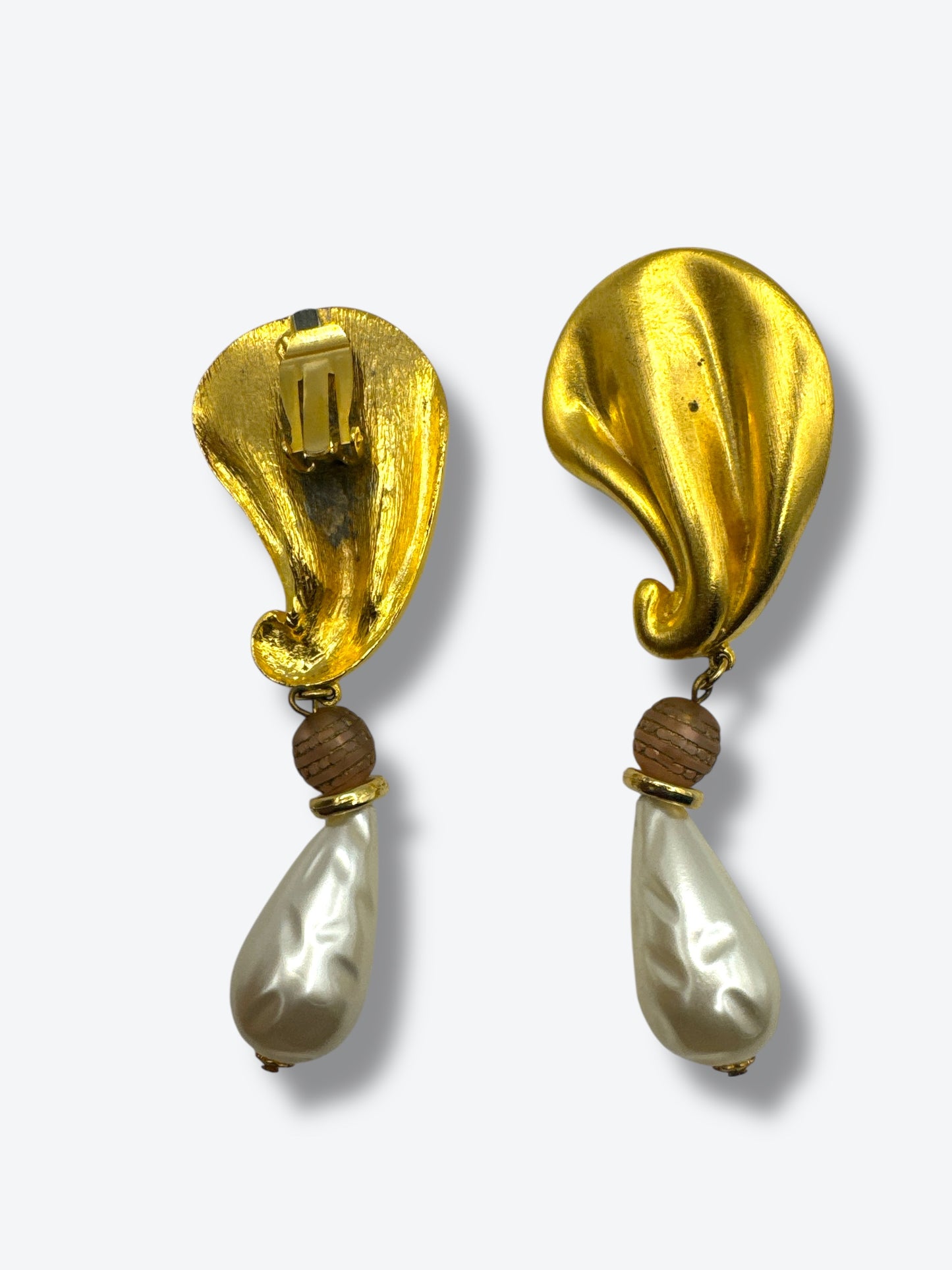 1970s “Craft” Gold Sculptural Earrings with Teardrop Pearl Drops – Statement Runway Style