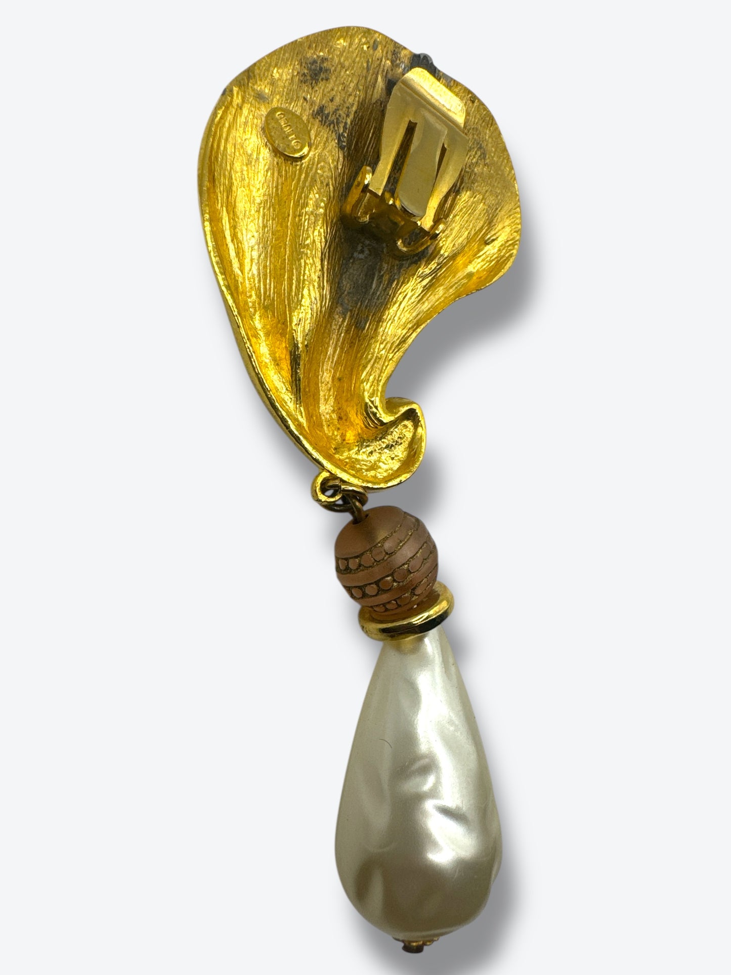 1970s “Craft” Gold Sculptural Earrings with Teardrop Pearl Drops – Statement Runway Style