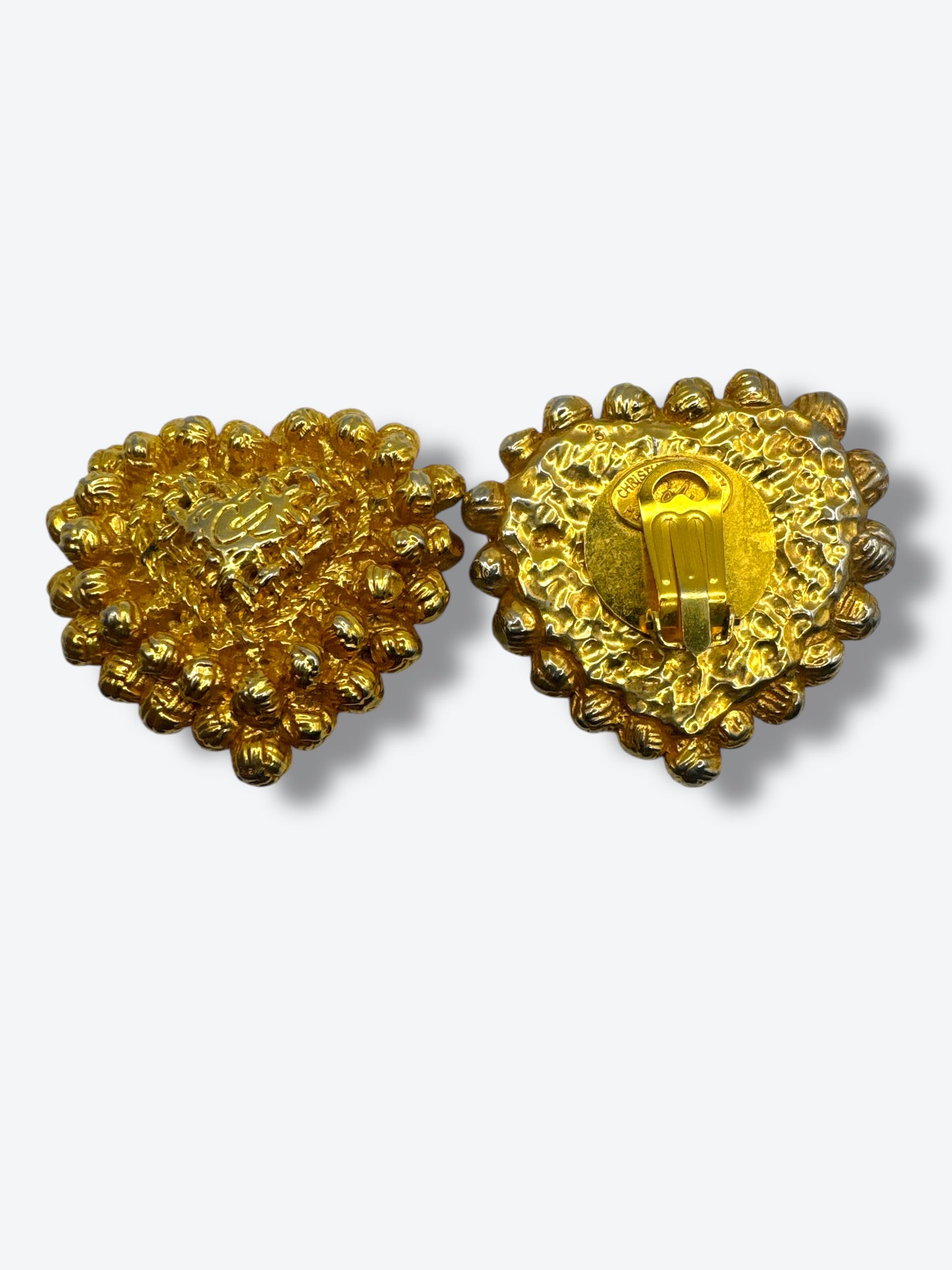 Christian Lacroix Vintage Heart Clip-On Earrings – Gold-Tone Baroque Statement, Made in France