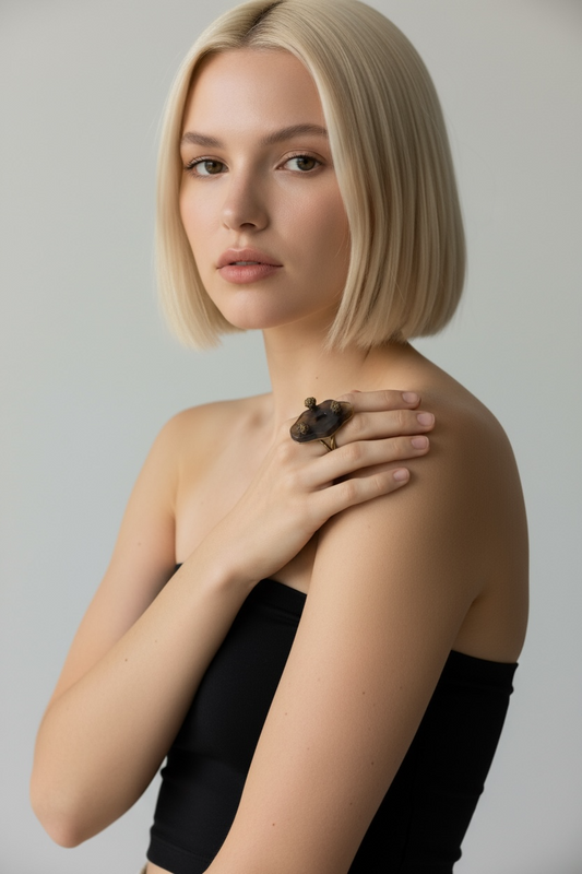 Yves Saint Laurent Vintage Tortoise Resin & Gold-Tone Statement Ring – Sculptural Couture Design