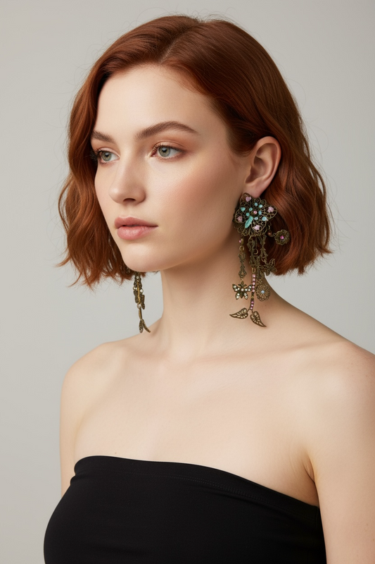Vintage Bohemian Statement Earrings – Filigree Floral with Crystal Accents & Dangling Charms
