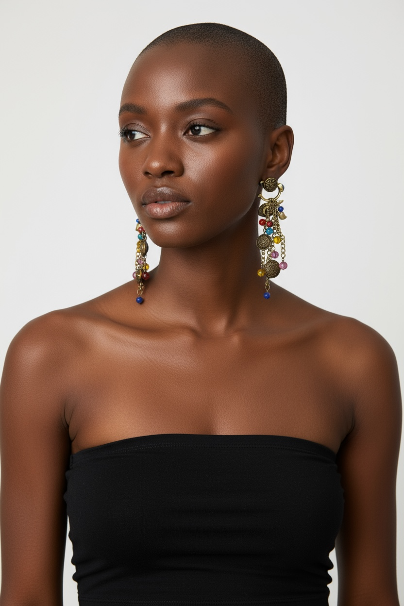 Vintage Boho Festival Earrings – Multicolor Beads & Antique Gold Dangle Design