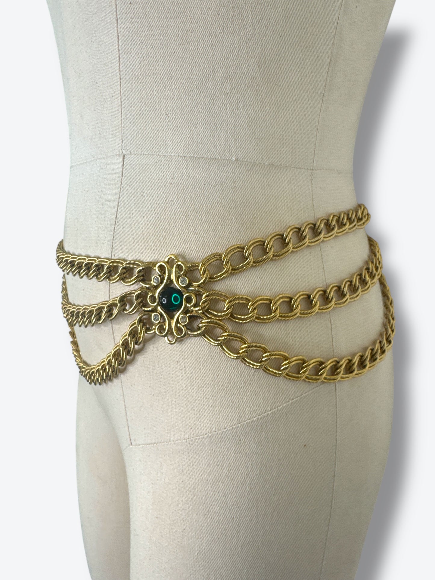 Vintage Gold Chain Belt with Emerald Cabochon Medallions – Triple Drape Statement Design