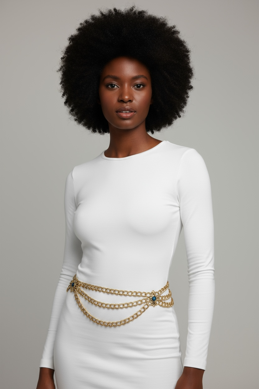 Vintage Gold Chain Belt with Emerald Cabochon Medallions – Triple Drape Statement Design
