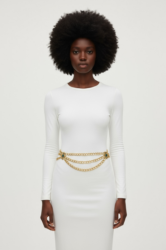 Vintage Gold Chain Belt with Emerald Cabochon Medallions – Triple Drape Statement Design