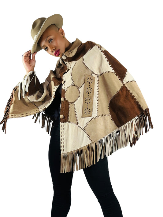 1970's Whipstitch Suede and Leather Hippie Poncho