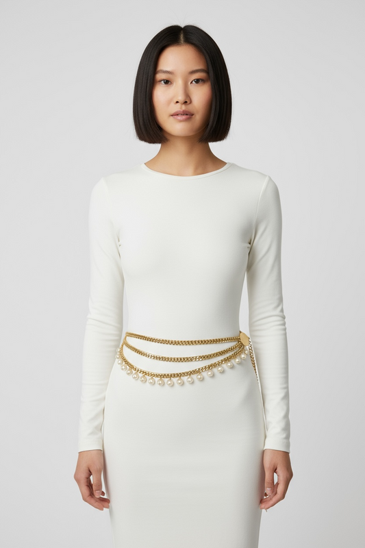 1980s Vintage Gold Chain Belt with Pearl Drops & Coin Medallions – Statement Waist Jewelry