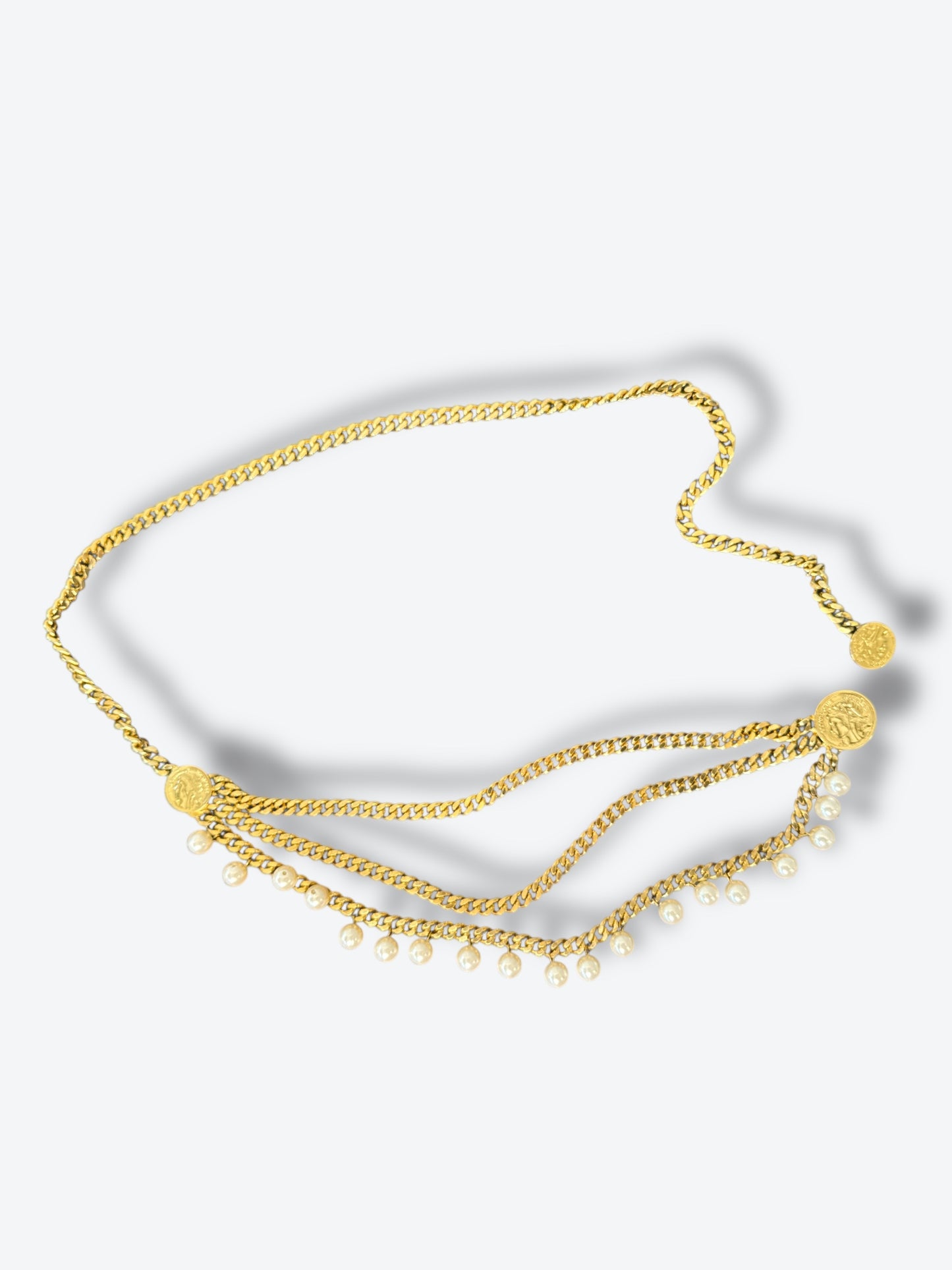 1980s Vintage Gold Chain Belt with Pearl Drops & Coin Medallions – Statement Waist Jewelry