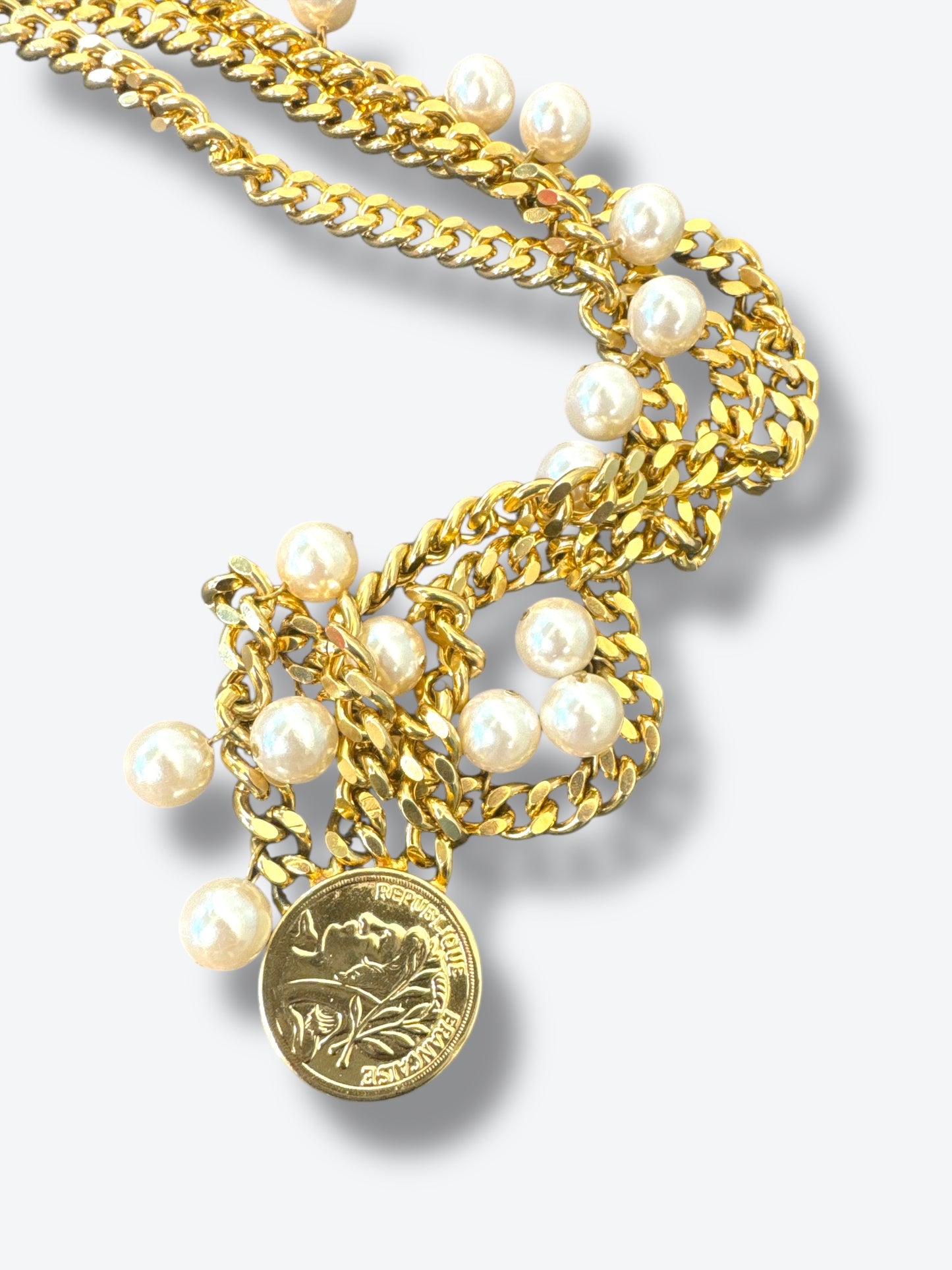 1980s Vintage Gold Chain Belt with Pearl Drops & Coin Medallions – Statement Waist Jewelry