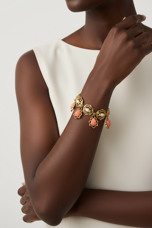 Vintage Coral and Pearl Coral Resin Charm Bracelet