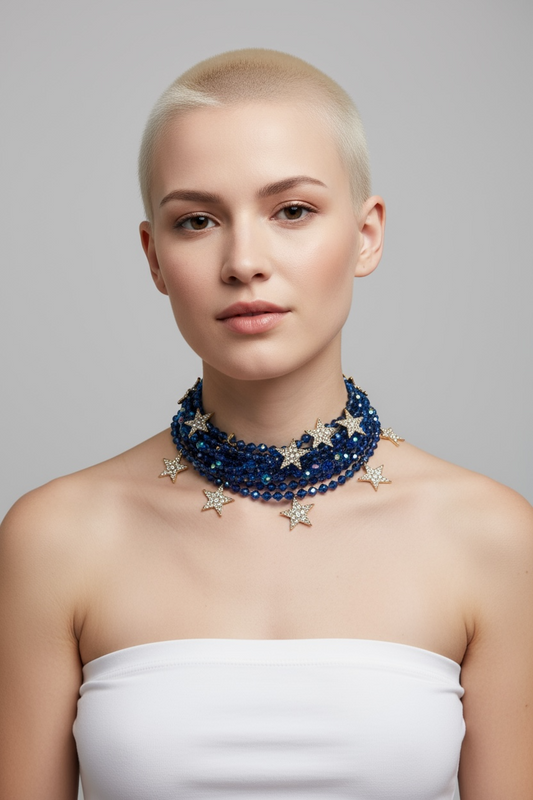 1990s Erickson Beamon Crystal Star Choker – Midnight Blue Faceted Beads with Pavé Star Charms
