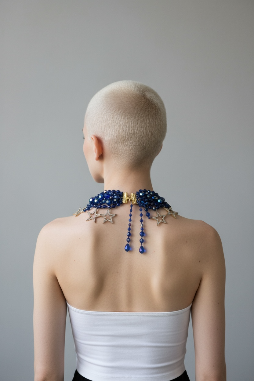 1990s Erickson Beamon Crystal Star Choker – Midnight Blue Faceted Beads with Pavé Star Charms