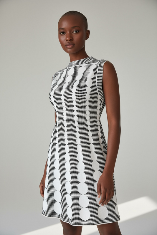 2010 Azzedine Alaïa Paris Black & White Optical Knit Sleeveless Dress