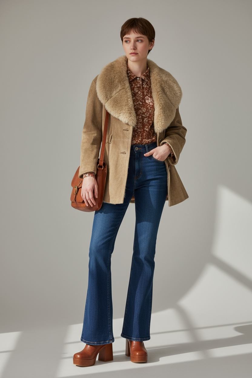 1970s Tan Suede Belted Coat with Oversized Fur Collar