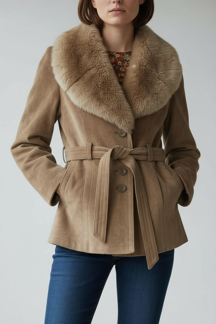 1970s Tan Suede Belted Coat with Oversized Fur Collar