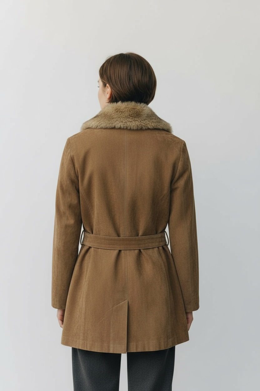 1970s Tan Suede Belted Coat with Oversized Fur Collar