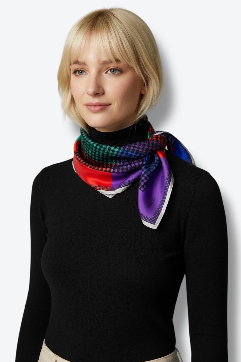1980s Christian Dior 35” x 35” Multi Houndstooth Scarf