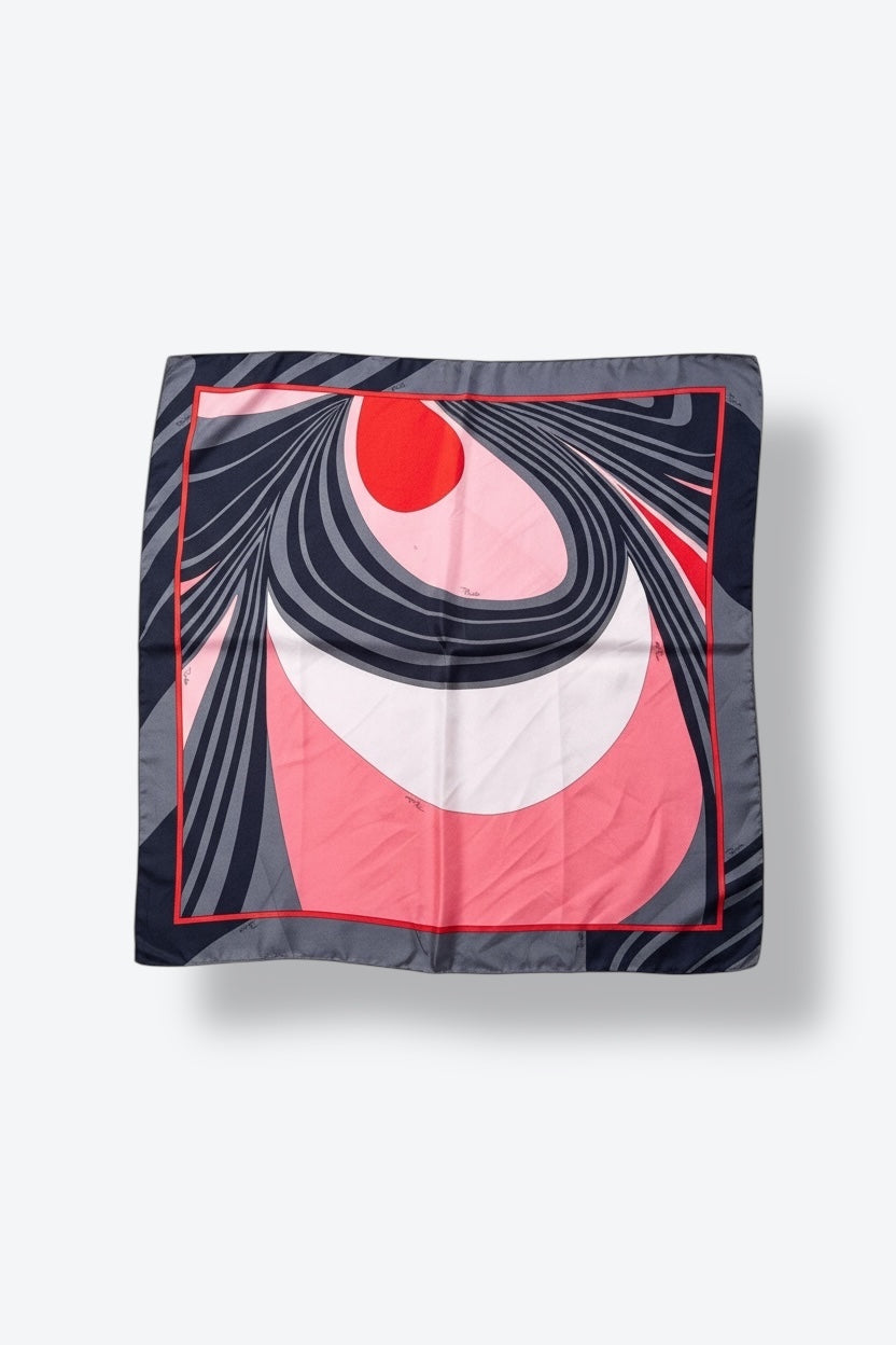 1970s 24” x 24” Emilio Pucci Silk Scarf – Abstract Coral & Navy Swirl