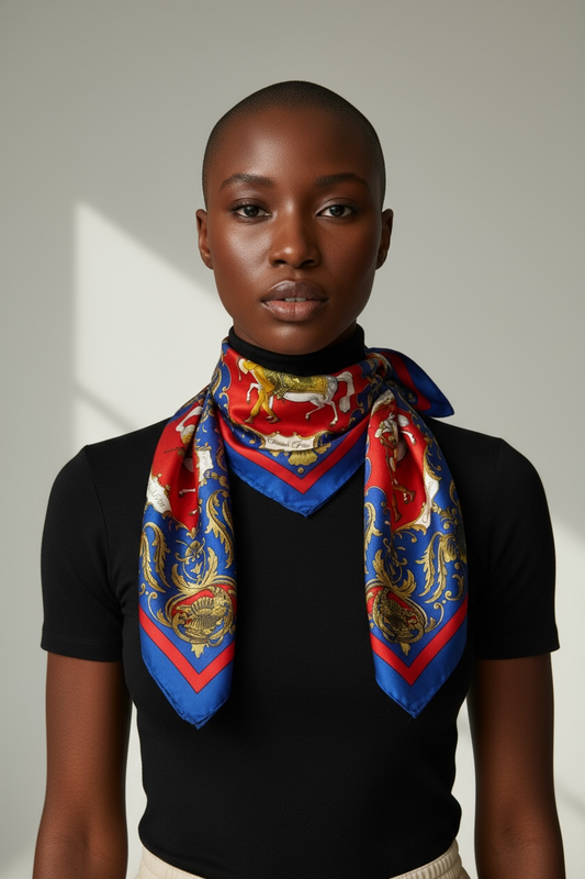 1970s 35” x 35” Hermès Paris Vintage Silk Scarf “Cheval Turc” – Red/Blue/Gold