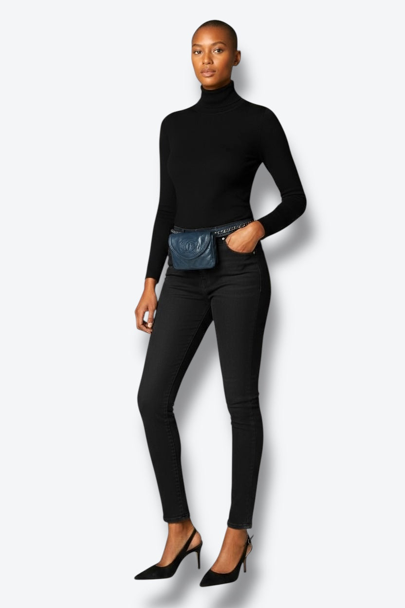 1990s Vintage Chanel Black Lambskin Leather Belt Bag with Chain Detail