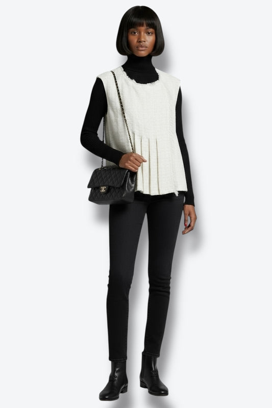 2016 Chanel Ivory Pleated Tweed Sleeveless Top