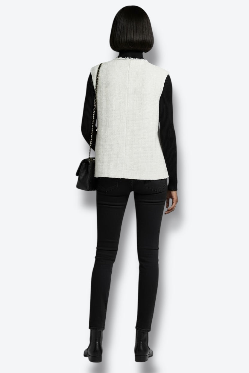 2016 Chanel Ivory Pleated Tweed Sleeveless Top