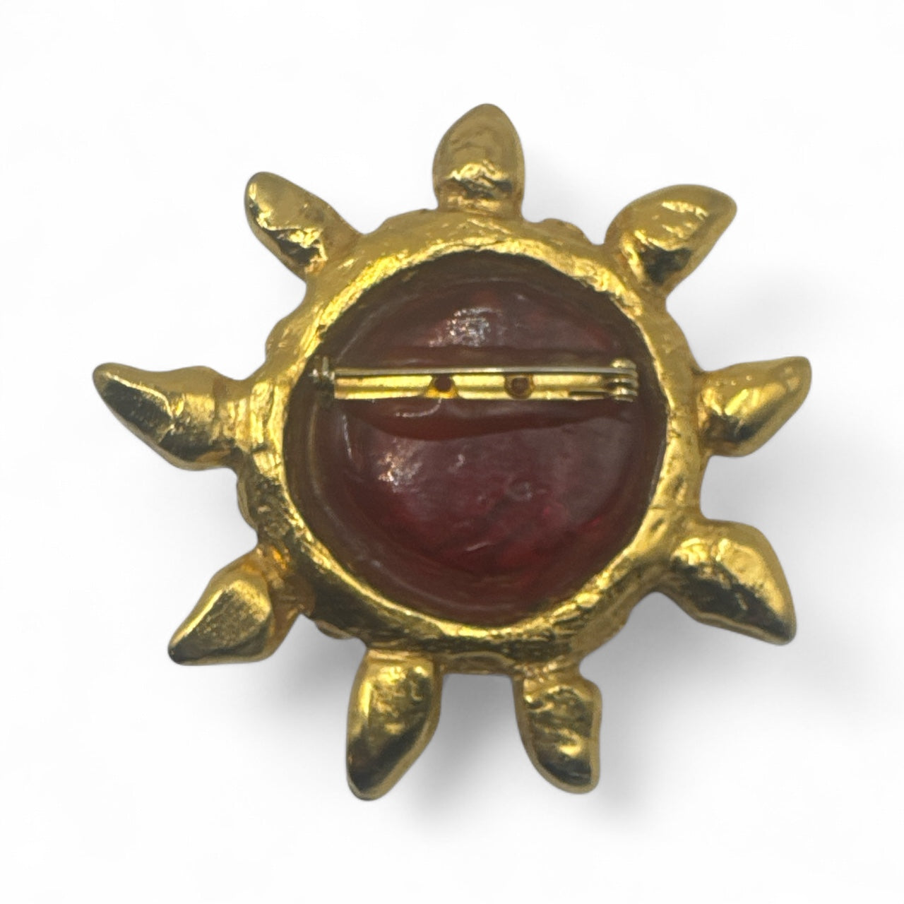 1980s Gilded Sunburst Brooch with Ruby Glass Center