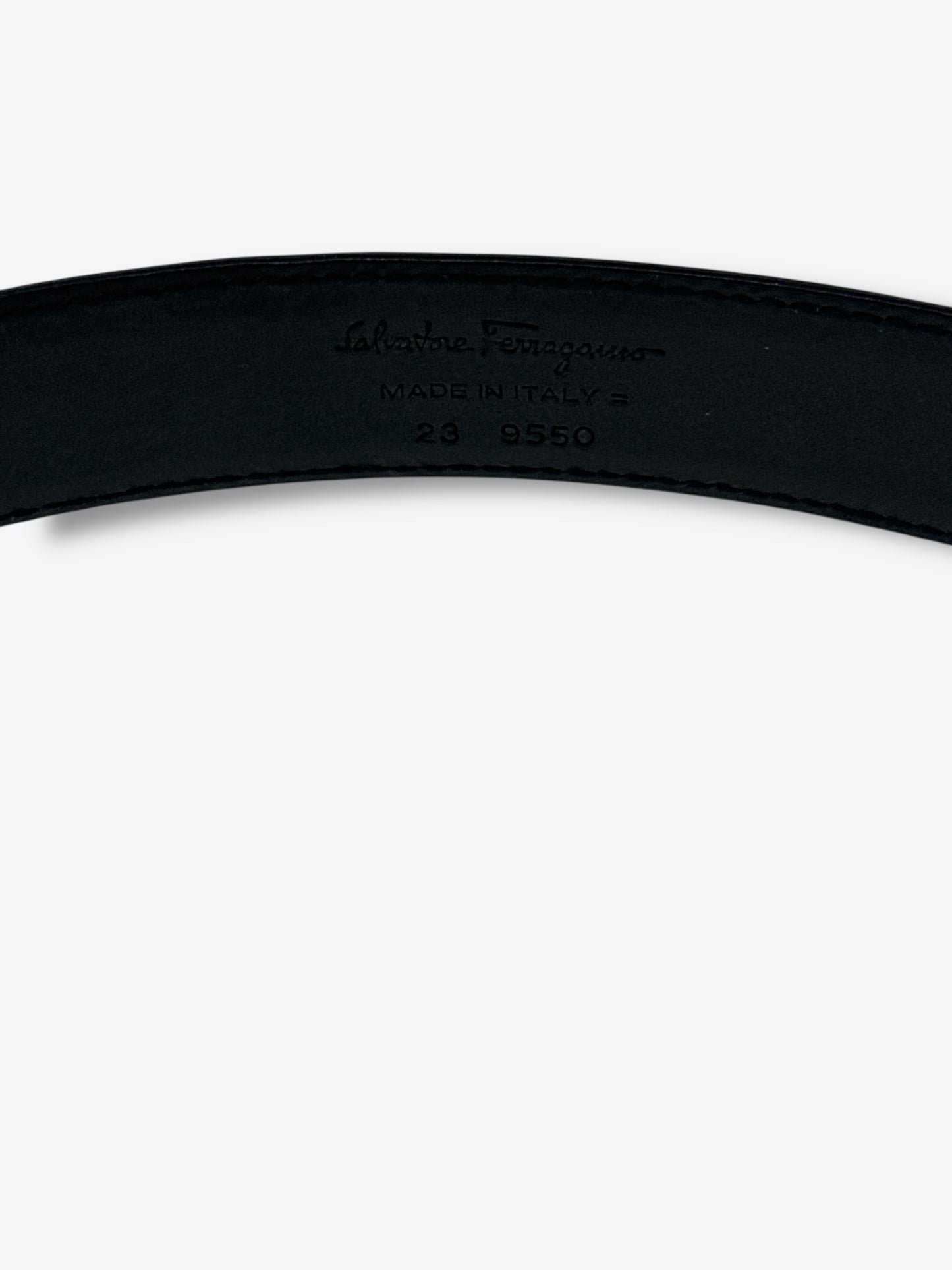 Salvatore Ferragamo Black Leather Belt with Brushed Silver Buckle — Made in Italy