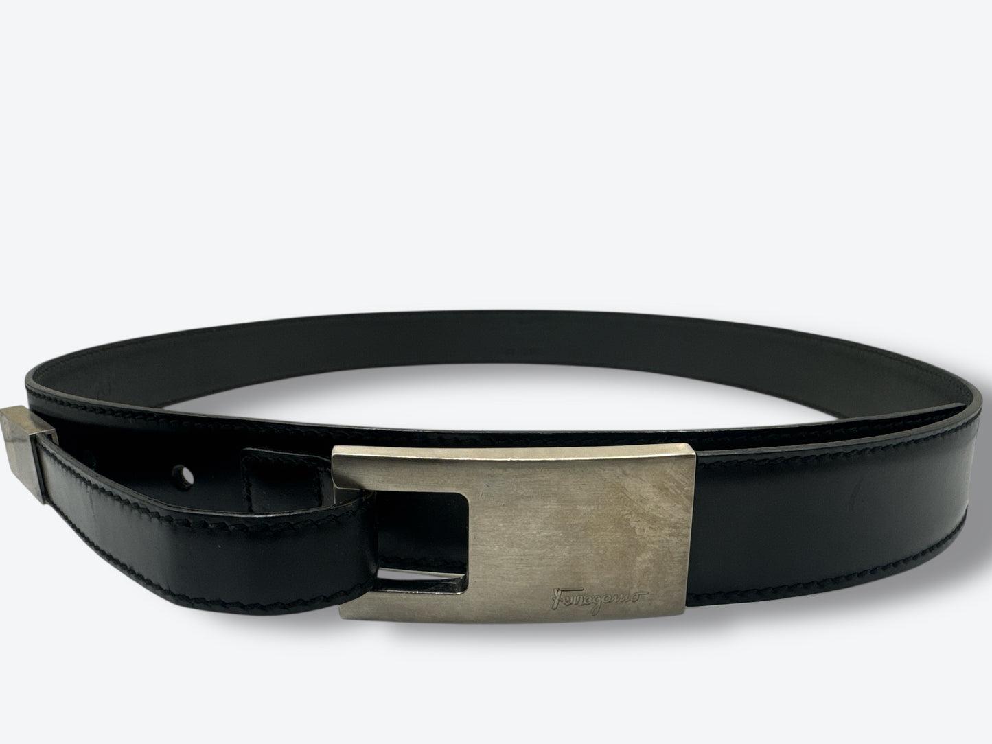 Salvatore Ferragamo Black Leather Belt with Brushed Silver Buckle — Made in Italy