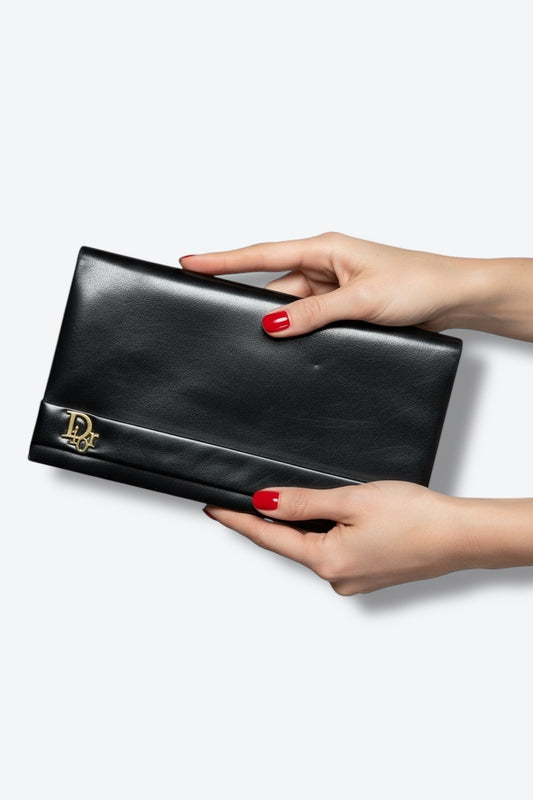 1970s Christian Dior Black Leather Logo Clutch