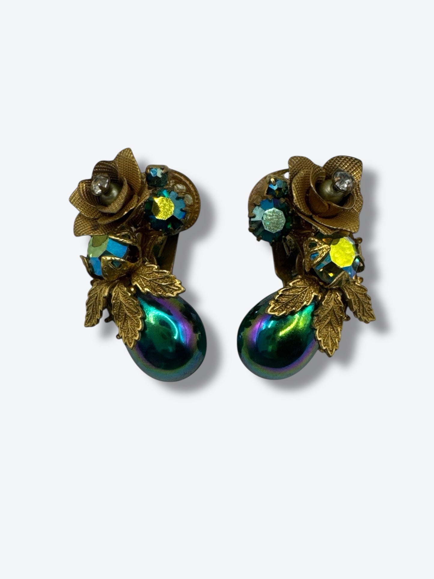 1950s Iridescent Teardrop Floral Clip-On Earrings