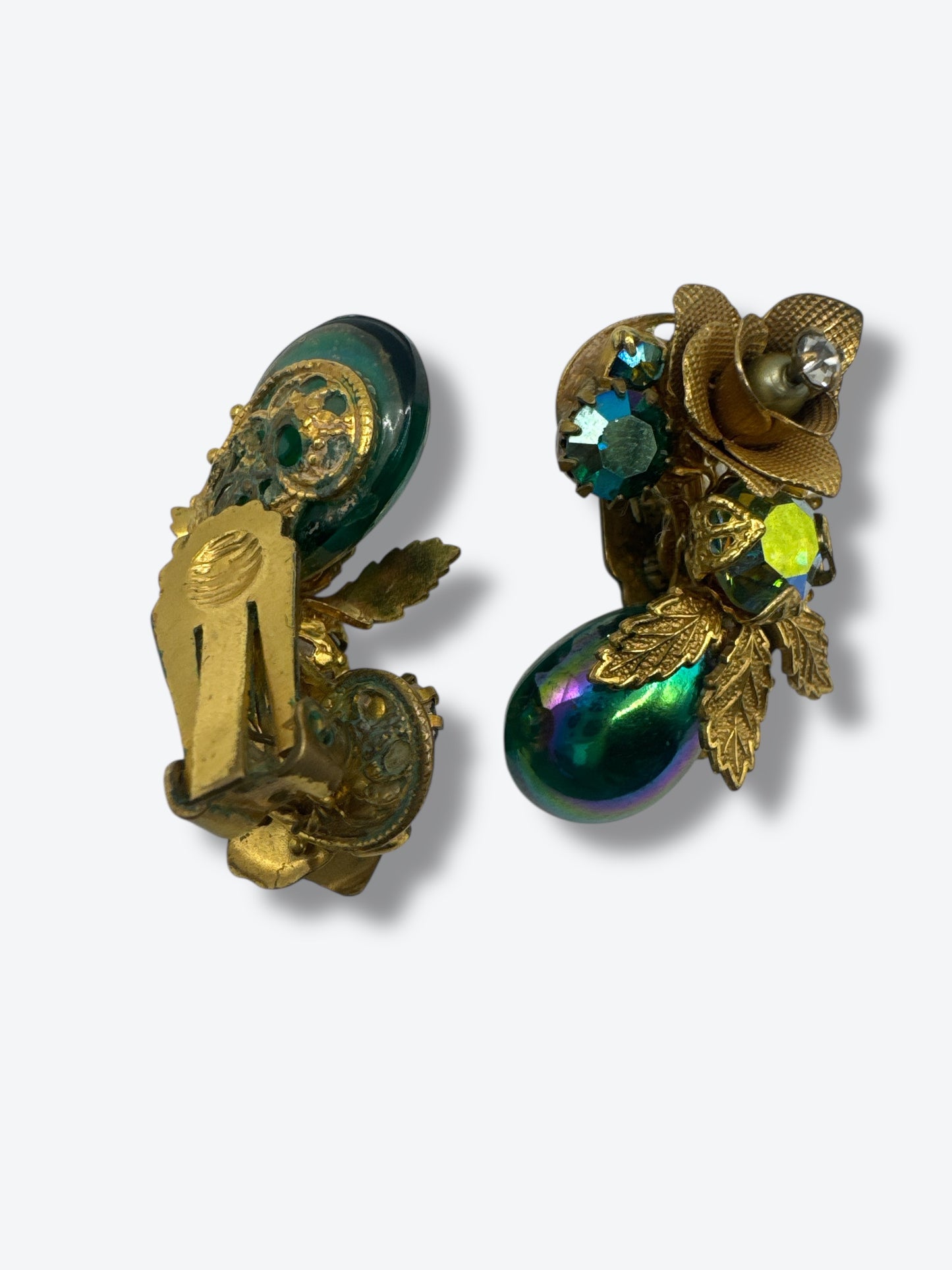 1950s Iridescent Teardrop Floral Clip-On Earrings