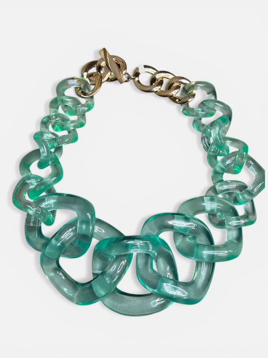 Vintage Emerald Lucite Chain Statement Necklace with Gold Clasp