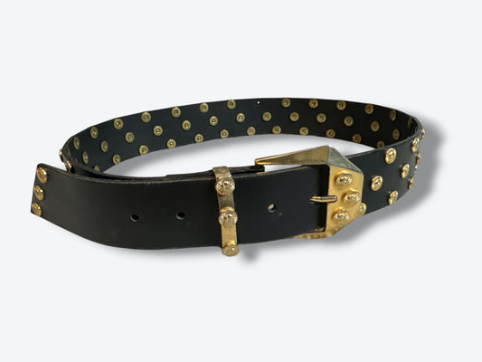Vintage Black “Sun” Studded Leather Belt with Textured Gold Hardware