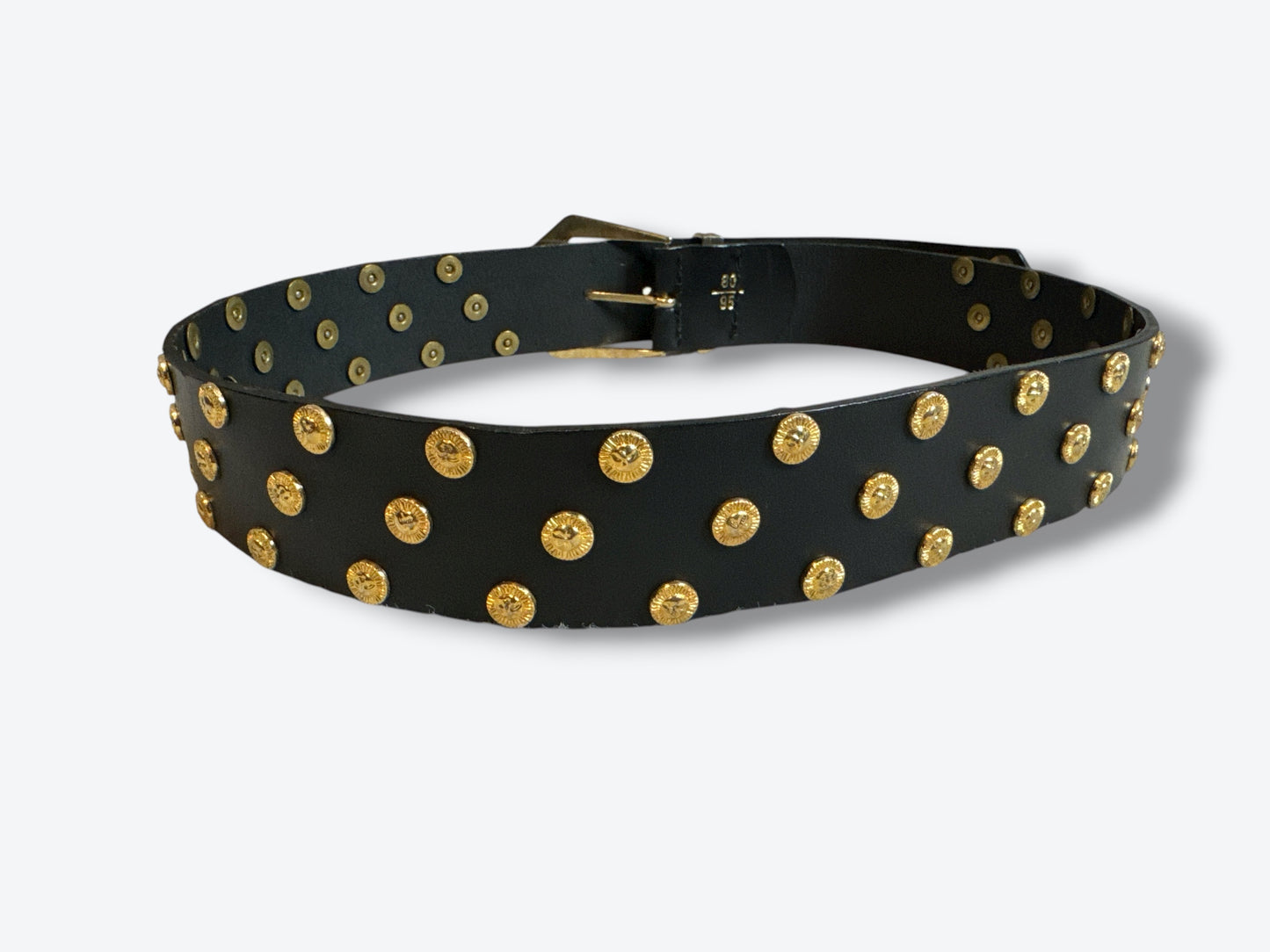 Vintage Black “Sun” Studded Leather Belt with Textured Gold Hardware