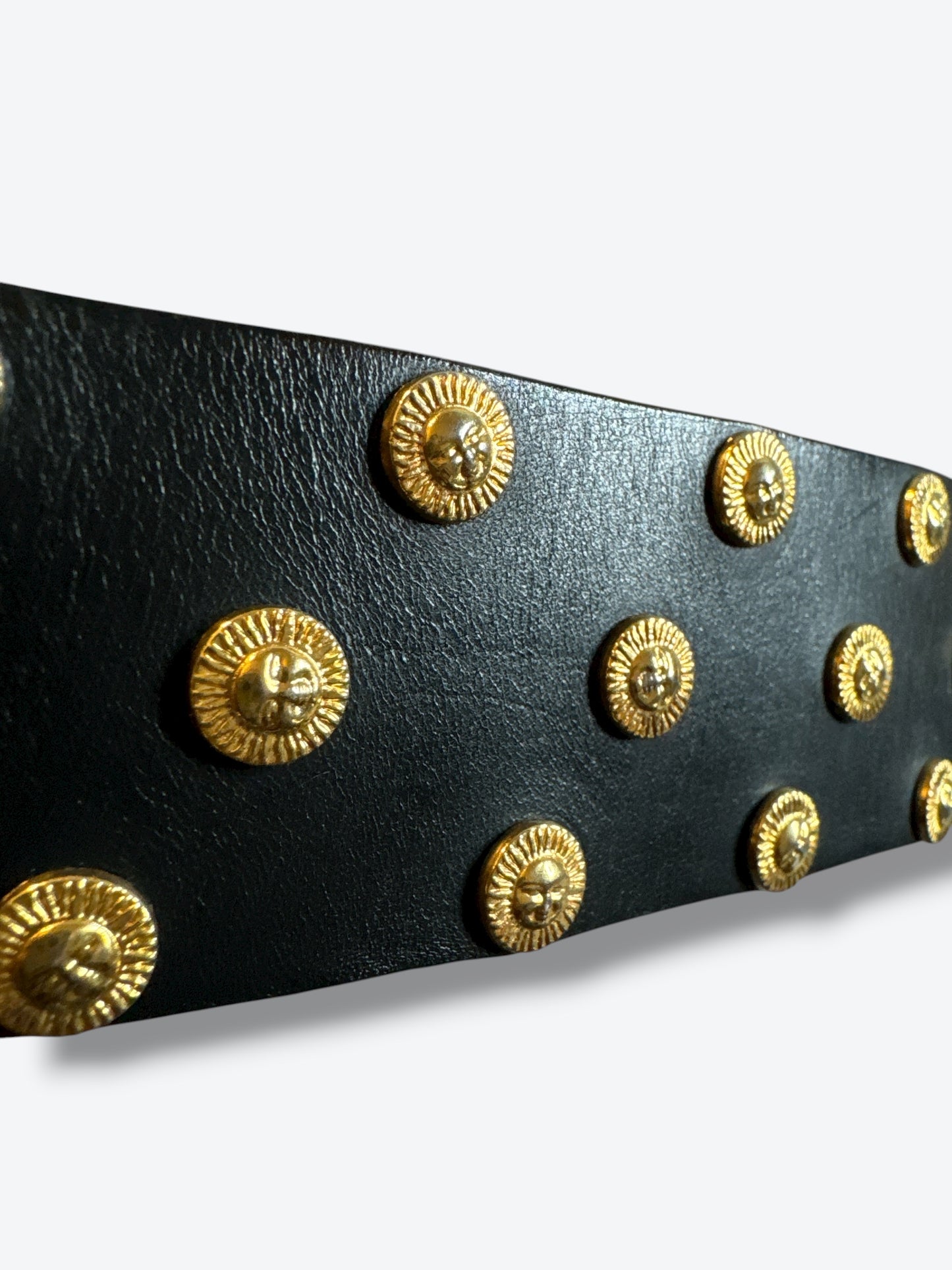 Vintage Black “Sun” Studded Leather Belt with Textured Gold Hardware