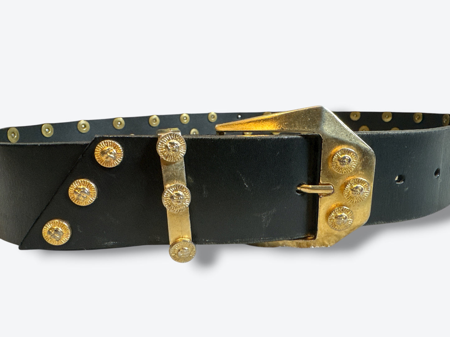 Vintage Black “Sun” Studded Leather Belt with Textured Gold Hardware