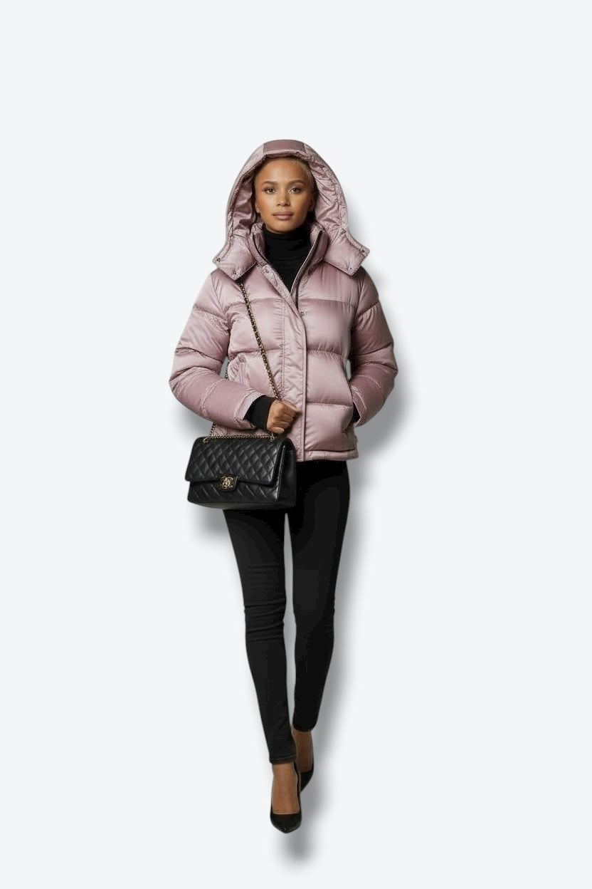 Trend: Liquid Shine 700+ Fill “Super Puff” Coat in Iridescent Pink