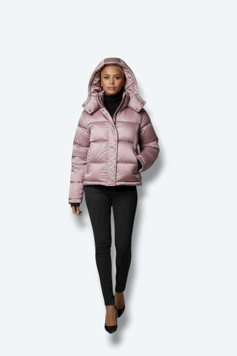 Trend: Liquid Shine 700+ Fill “Super Puff” Coat in Iridescent Pink