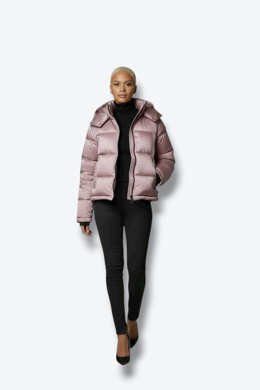 Trend: Liquid Shine 700+ Fill “Super Puff” Coat in Iridescent Pink