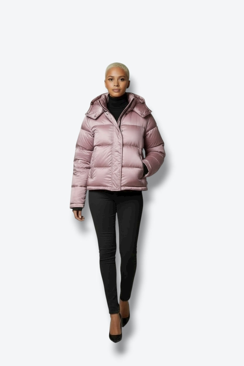 Trend: Liquid Shine 700+ Fill “Super Puff” Coat in Iridescent Pink