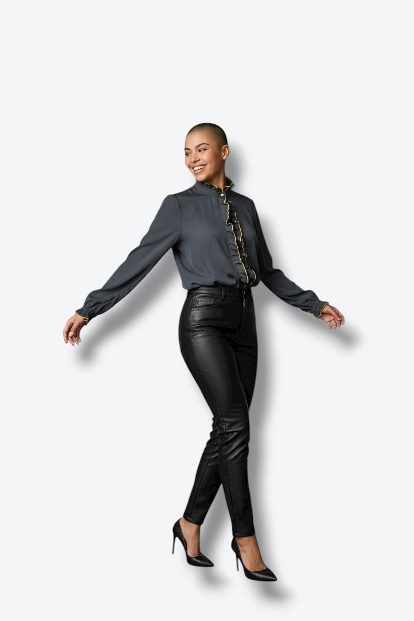 1970s Black Ruffle Button Up (Sourced in Paris)