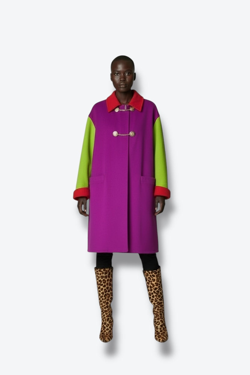 “Versus by Gianni Versace” Tricolor Wool Chain-Closure Coat