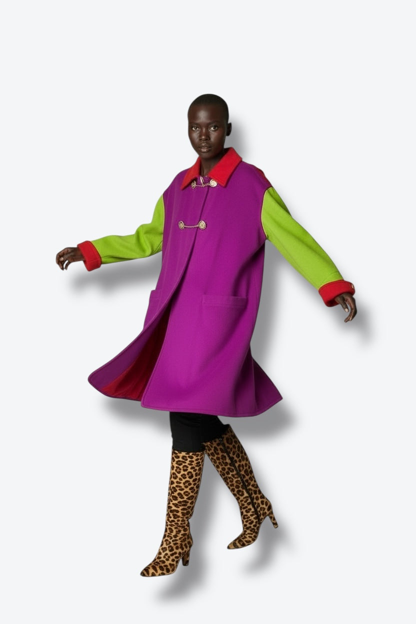 “Versus by Gianni Versace” Tricolor Wool Chain-Closure Coat