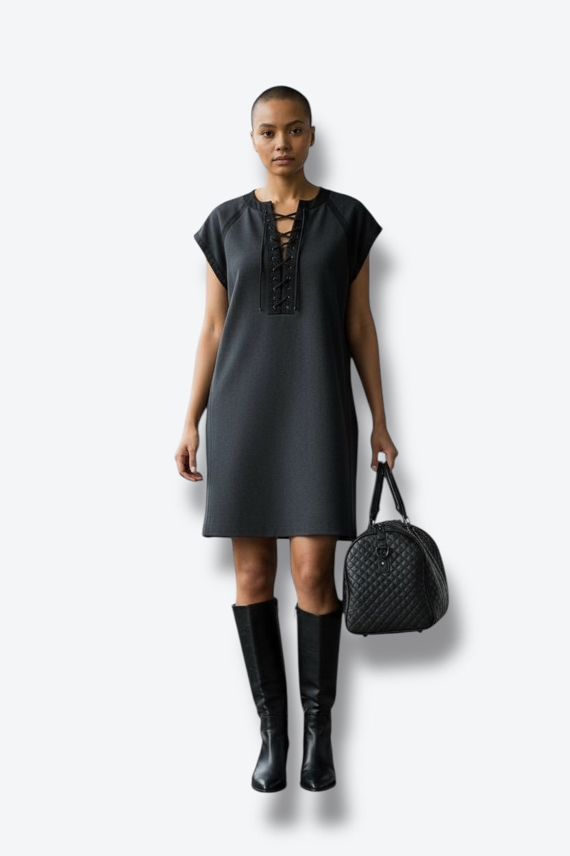 2000s Bottega Veneta Charcoal Dress Designer Lace Up Shift Dress